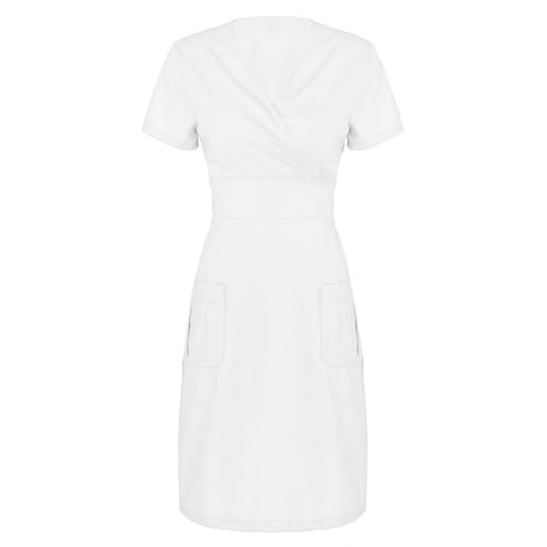 Scrubs for Women Wrap Short Sleeve V Neck Nurse Working Uniform Dress Knee Length Casual Dresses with Pockets4