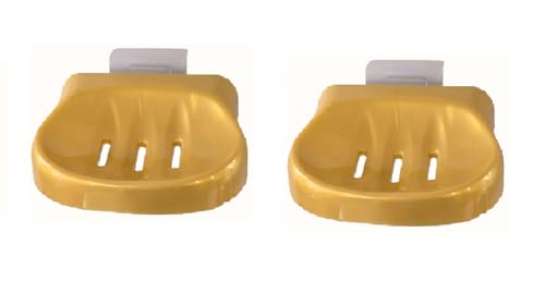 Image of CIPLA PLAST Self Adhasive Wall Mounted Soap Dish Holder, Golden Coloue, Plastic, Drainage Design, Adhesive Mount, Bathroom Organizer, Pack of 2