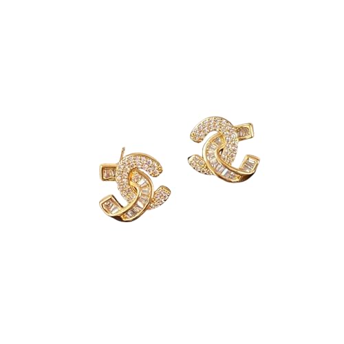 IvoryHaid Golden Crystal Interlocking Stud Earrings Cubic Zirconia Hypoallergenic Alloy Small Size Trendy Design Front and Back Style Luxury Gifts Jewelry for Women