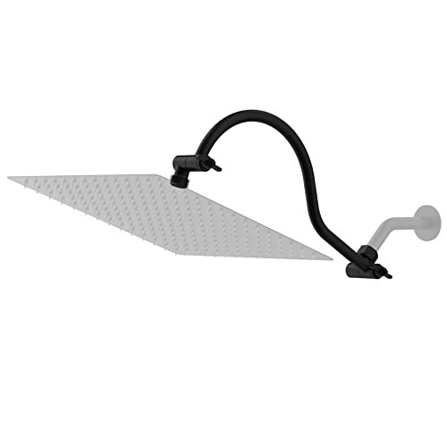 All Metal 16 Inch Solid Brass Adjustable Curved Shower Head Extension Arm Flexible Height & Angle Shower Arm With Lock Joints, Universal Connection Stainless Steel Pipe Height Extending, Matte Black #TOP3