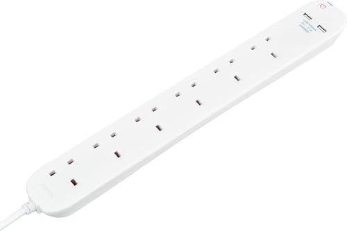 Masterplug 6 Gang Extension Lead with 2 x USB Charging Sockets, 1 Metre, White