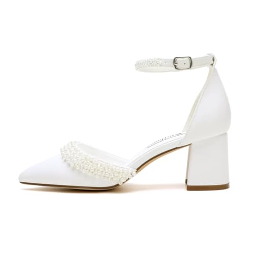 Block Heel Wedding Shoes for Bride Pointed Toe Pearl Heels Ankle Strap Wedding Heels Bridal Shoes3