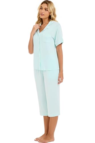 Image of LUBOT Womens Bamboo Viscose Pajamas for Women PJ Set 2 Piece Cooling Soft Short Sleeve Capri Pants Summer Sleepwear Set S-XXL
