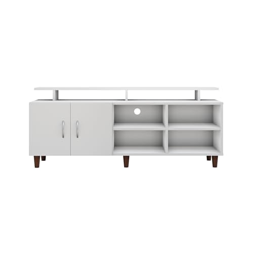 Image of VIKI Modern TV Unit for Living Room | Engineered Wood TV Cabinet with 2 Door Storage, 2 Open Shelves & Extension, Entertainment Unit, 140W x 48H x 40D cm | DIY | 1 Year Warranty (White)