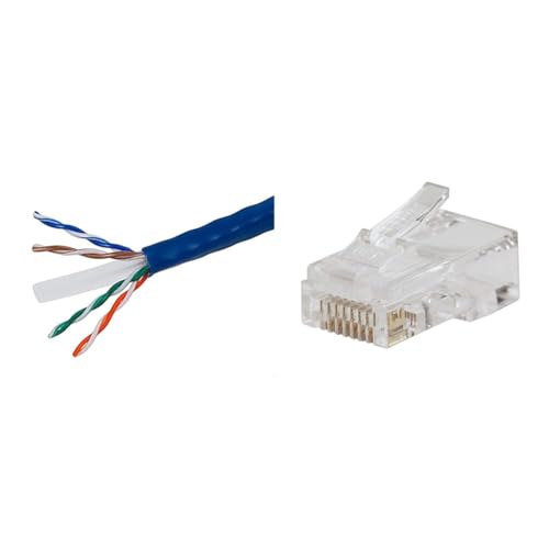 Image of Monoprice Cat6 Ethernet Bulk Cable, 550Mhz, 10G, UTP, 24AWG, 250 Feet, Blue & Klein Tools VDV826-703 Pass-Thru Modular Data Plug, RJ45 CAT6, 50-Pack
