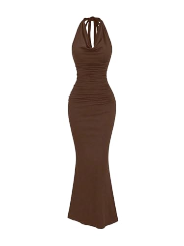 Image of GORGLITTER Women's Halter Formal Cocktail Beach Wedding Guest Maxi Dresses | Cinched Waisted Dress, Cowl Neck Dress, Birthday Club Dresses, Date Night Going Out Dress for Women