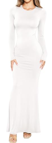 TRENDY VIBEZ Womens Long Sleeve Bodycon Maxi Dress Slimming Sexy Fitted Maternity Friendly Long Tight Dress for Fall Casual Wear Off-White Medium