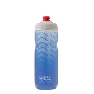 A Blue Bolt Polar Bottle Breakaway Insulated Water Bottle by HydraPak with a white cap and red nozzle, featuring a chevron pattern design, perfect for hydration during outdoor activities like running and cycling.