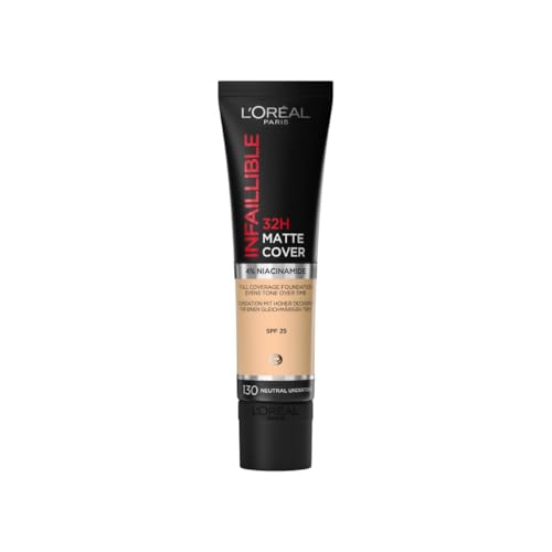 l‘Oréal Paris - Base de maquillaje mate de alta cobertura, Resistente al agua - De larga duración - Ligera y matificante - SPF 25 - Infaillible 32H Matte Cover - Tono: 130 Neutro - 30 ml, 1artículo