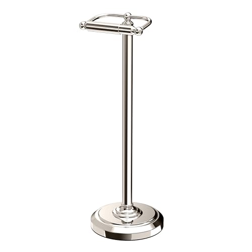 Image of Gatco 1436PN Toilet Paper Holder Stand, Freestanding Floor Stand for Bathroom, Polished Nickel, Weighted Base, 22 Inch