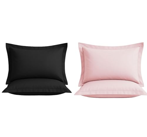 Image of VAS COLLECTIONS Premium Pillow Cover Set of 4 Piece | 210 TC 100% Pure Cotton | Solid Color Hotel Quality Pillow Covers, Hotel & Hospital Use | 18 x 28 Inches (1, Solid Black & Light Pink)