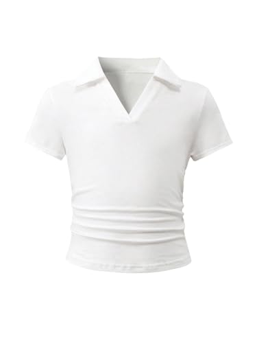 Girl's Short Sleeve Ruched T Shirts Collared V Neck Fitted Golf Shirt Basic Summer Tops