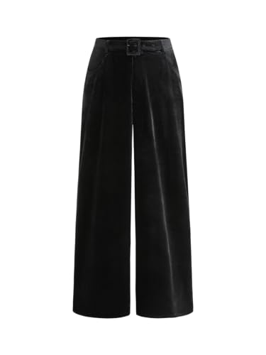 Vinova Womens Velvet Wide Leg Pants High Waist Belted Trousers