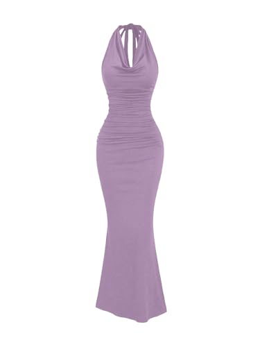 Image of GORGLITTER Women's Halter Formal Cocktail Beach Wedding Guest Maxi Dresses | Cinched Waisted Dress, Cowl Neck Dress, Birthday Club Dresses, Date Night Going Out Dress for Women