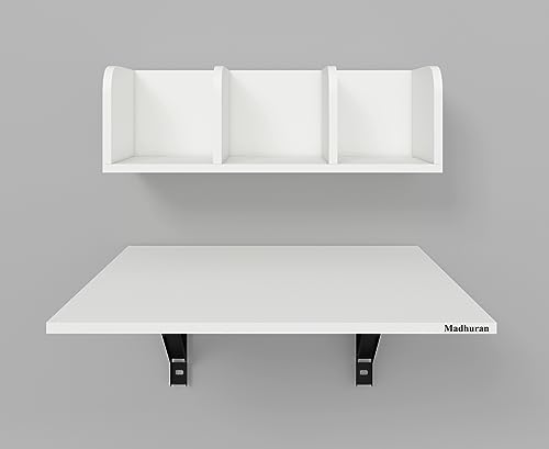 Image of Madhuran Eraadan Engineered Wood Wall Mounted Folding Study Laptop Table with Storage Shelves Shelf Racks (White) Living Room Office Workstation Multipurpose Furniture Accessories
