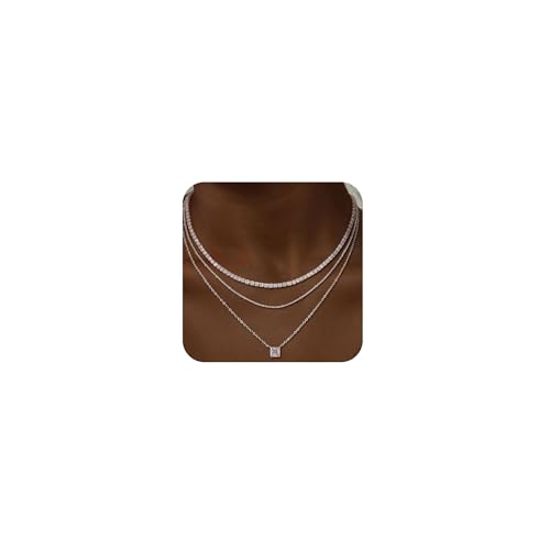 CHESKY Layered Silver Necklaces for Women Trendy, Silver Plated Dainty Stackable Charm Necklaces for Womens Layering Beads Tennis Chain Diamond Pendant Necklaces Jewelry Set for Women Gifts