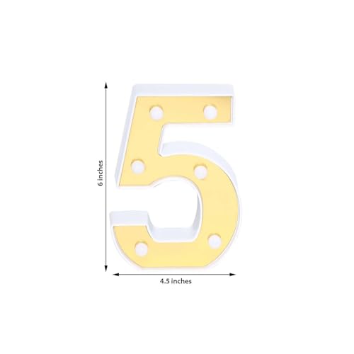 Image of Efavormart 6 inch Gold Marquee Number 5, Mirror Front Warm White LED Light Up 3D Sign, Battery Operated 72H Glow for Wedding Party & Wall Decor