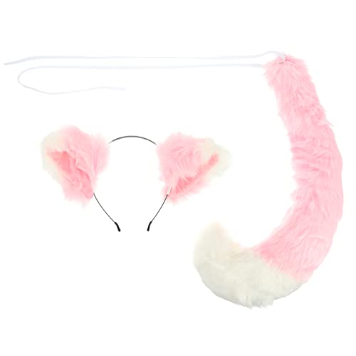 LALAFINA Oreilles Et Queue de Renard Bandeau Oreilles de Chat Moelleux Costume D' animal Accessoire de Festival Décoratif pour La Fête D' halloween (Rose Blanc) Cover