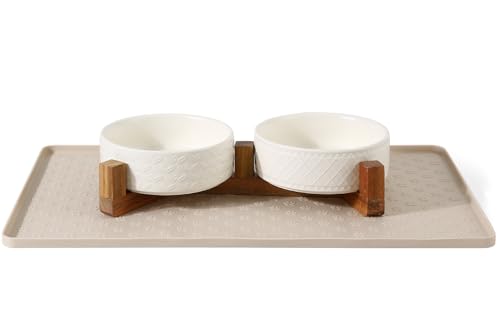Dog Bowl Set with Acacia Wood Stand & Silicone Mat 2.0-Cup Ceramic Puppy Bowls for Small Dogs Dual Food and Water Bowls with Weighted Non-Slip Base & Dog Food Mat