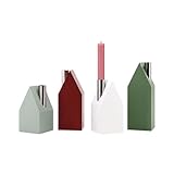 Material: Kiefernholz, polierter Edelstahl. Maße: größtes Haus: B 7 x T 7 x H 20 cm, kleinstes Haus: B 7 x T 7 x H 13 cm