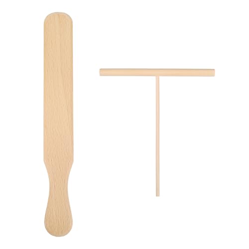 STOBAZA 2 Stück Crêpe Teigverteiler und Spatel aus Holz, Beige Pfannkuchen Verteiler für Crêpes Tortillas, Holzstab Palatschinken mit T-förmige Griff für Antihaftbeschichtete Pfannen