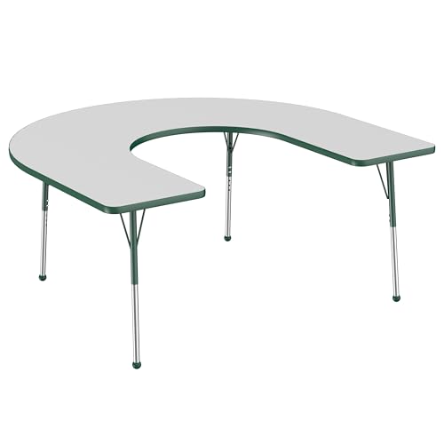 Image of FDP Horseshoe Activity School and Office Table (60 x 66 inch), Standard Legs with Ball Glides for Collaborative Seating Environments, Adjustable Height 19-30 inches - Gray Top and Green Edge