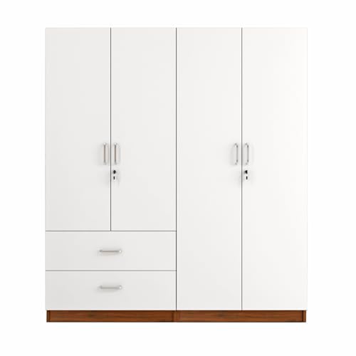 Image of VIKI Wardrobe | Wooden Almirah for 4 Door 2 Drawer with Shelves & 2 Hanging Space Wardrobe (Walnut |White - 40D x 160W x 180.8H) | 1 Year Warranty | Free Assembly