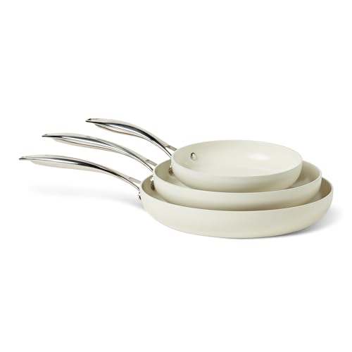 Image of Amazon Basics Ceramic Nonstick Cookware, 3-Piece Set of Pans, All Cooktop Friendly, Dishwasher-Safe, Ivory