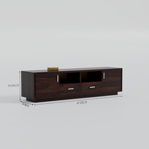 Image of Premium Solid Sheesham Wood TV Unit with 2 Drawers, 2 Shelves, and 2-Door Storage - Suitable for TVs up to 65 Inches - Elegant Living Room Furniture (Lynton, Walnut Finish)