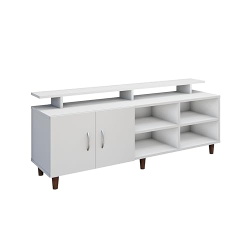 Image of VIKI Modern TV Unit for Living Room | Engineered Wood TV Cabinet with 2 Door Storage, 2 Open Shelves & Extension, Entertainment Unit, 140W x 48H x 40D cm | DIY | 1 Year Warranty (White)