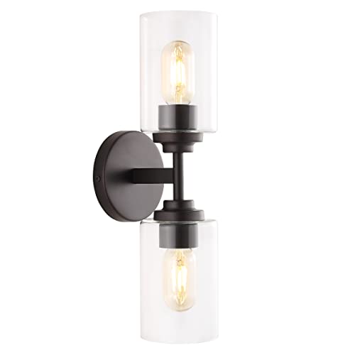 Image of JONATHAN Y 16 inch Oil Rubbed Bronze Farmhouse 2-Light Wall Sconce, Industrial Vanity Light for Bathroom Mirror, Entryway, Hallway, Clear Glass Cylinder Shades, LED Bulbs JYL9548A