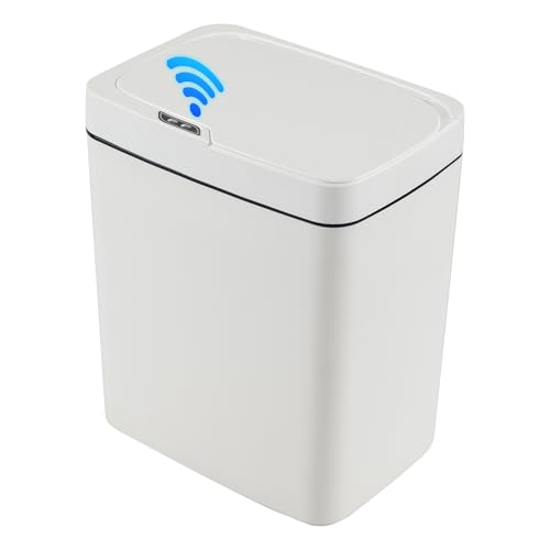 Image of 15 L Motion Sensor Plastic Garbage Can with Lid, Automatic Garbage Bin, White, 10.23 inch x 7.24 inch x 12.16 inch