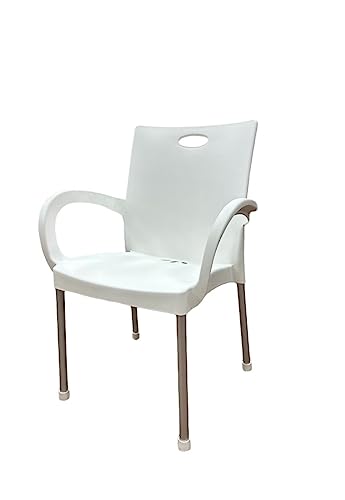 Stackable Modern Plastic Armchair with Aluminum leg and Matching Rubber Floor Protector (White)