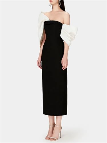 Women Colorblock Patchwork Bowknot Elegant Dress Strapless Irregular Sleeve High Waist Slimming Dresses3