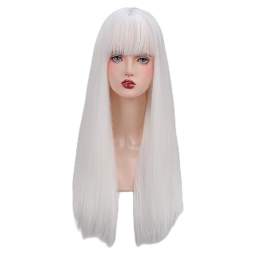 EMMOR White Wig With Fringe For Women Long Straight Wigs Synthetic For Girl Cosplay And Daily Use(26" White)