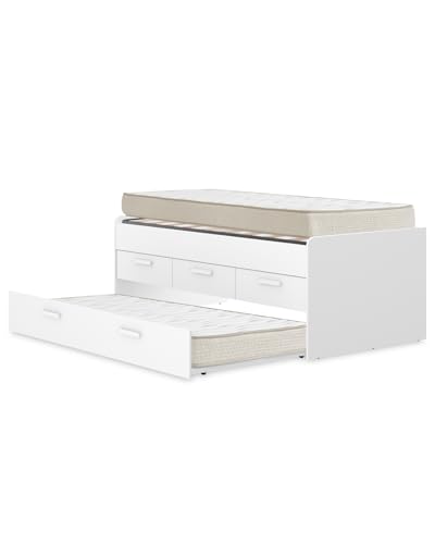 DEKIT - Pack Ahorro Juvenil Cama Nido Leka con 3 cajones, 1 somier Lama Ancha y 2 colchones viscoelásticos 90 x 190 cm