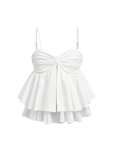 SHENHE Girl's Bow Camisole Spaghetti Strap Smocked Ruffle Flowy Babydoll Tank Cute Summer Top