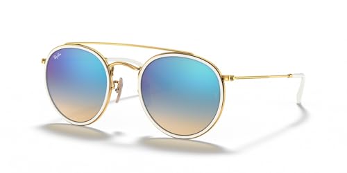 Ray-Ban RB3647N Double Bridge Round Sunglasses, Gold/Brown Gradient Mirrored Blue, 51 mm