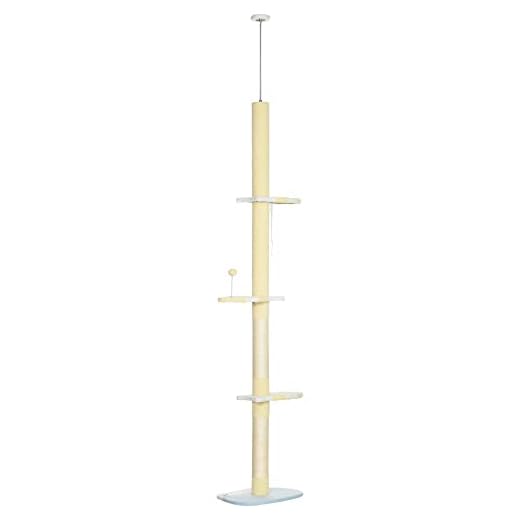 PawHut Árbol para Gatos del Suelo al Techo 220-260 cm Altura Ajustable Torre para Gatos con 3 Plataformas Poste Escalador de Sisal y Bola para Jugar 47x34x220-260 cm Amarillo