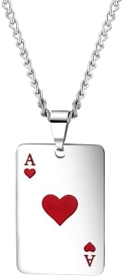 Unisex Stainless Steel Ace of Spades Heart Lucky Poker Card A Red and Black Pendant Necklace for Men and Women