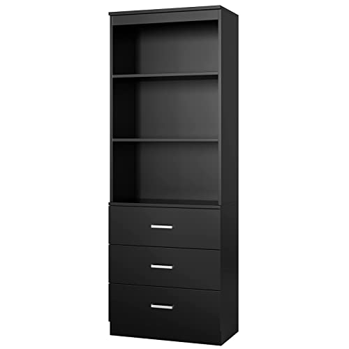 Fotosok 71 Inches Tall Storage Cabinet, Bookcase With 3 Drawers And 3-Tier Open Shelves, Wooden Bookshelf Storage Organizer For Living Room, Study, Kitchen, Home Office, Black #TOP6