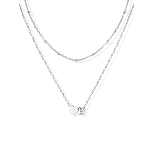 U7 Layered Heart Initial Necklace for Women,Tiny Silver/14K Gold Plated Heart Initial A-Z Letter Pendant Necklaces,Adjustable 16"- 18" Valentines Birt