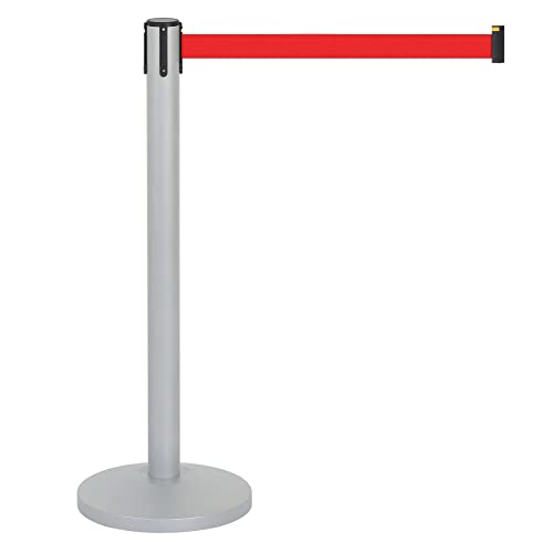 M&T Displays Gray Crowd Control Stanchion Barriers Queue Post 37 inch High Safety Barrier Stands Line Dividers Retractable Red Belt 9.84' / 118 Inch Heavy Base Floor Standing Steel Indoor Outdoor