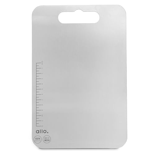 Image of Allo Premium Stainless Steel Chopping Board with Handle (31 x 21 cm) - Large Heavy-Duty Metal Cutting Board for Kitchen, Knife Friendly | Vegetable & Fruit Cutter SS Pad