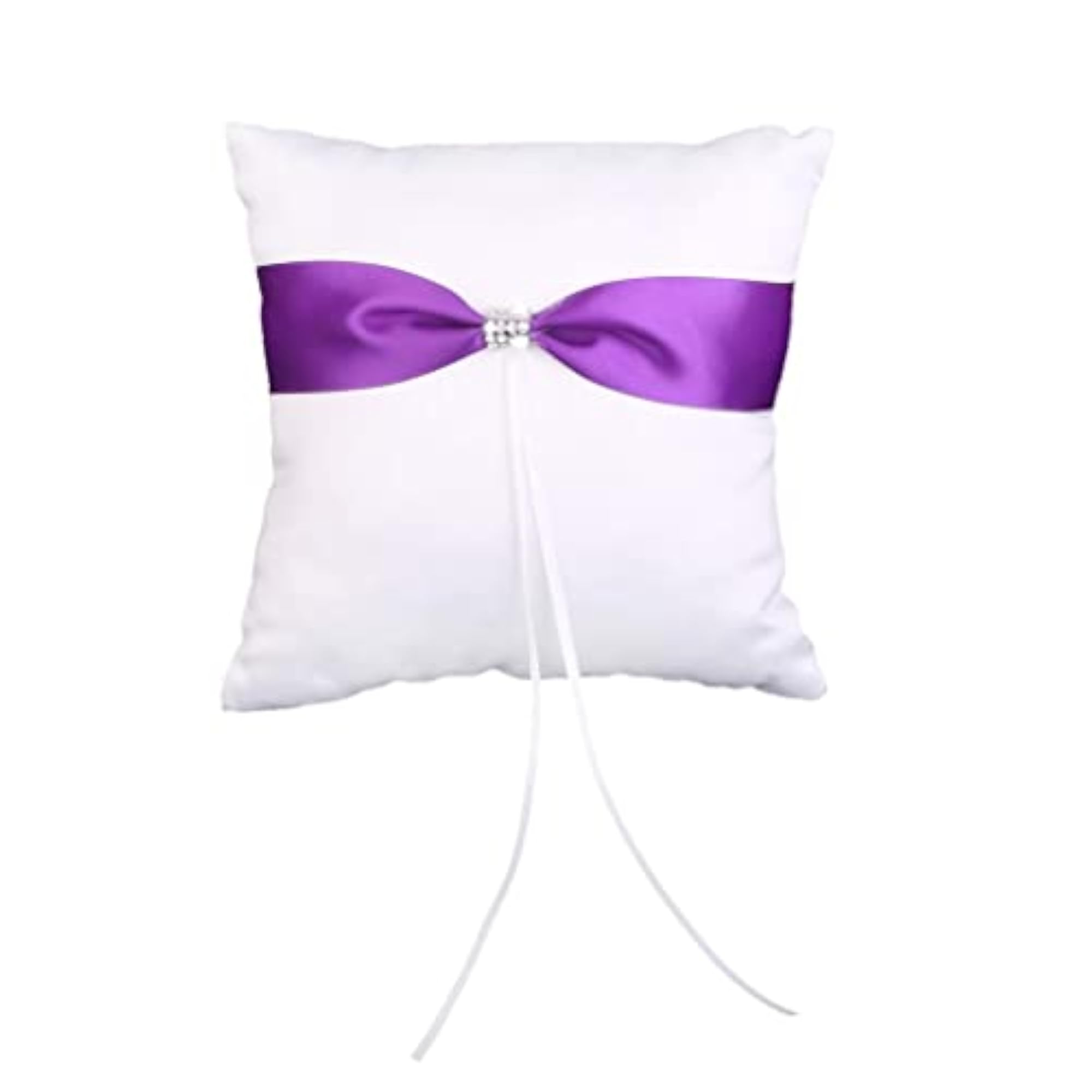 Wedding White Satin Ring Bearer Pillow with Purple Ribbon