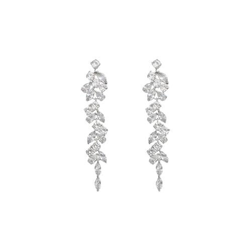 LynixTrade Silver Rhinestone Dangle Earrings for Women Long Chain Chandelier Silver Drop Earrings with Crystal Fringe Wedding Jewelry Bridal Prom Earring for Women Girls