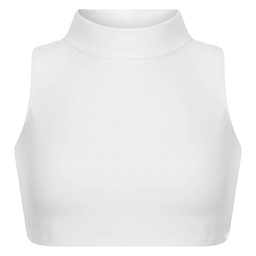 Image of janisramone® Girl's Gymnastics Crop Tops, Girls Kids Plain Sleeveless Crop Top Turtle Neck, Girl s Running Vest Yoga Sports Summer Dance top White
