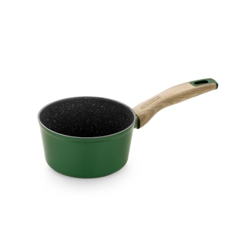 MONIX Amazonia | Cazo 16 cm, aluminio forjado, antiadherente tricapa, sin PFOA, fondo full induction, asas baquelita y recubrimiento soft touch efecto madera