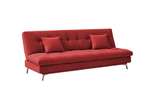 Image of Krancy Solid Wood 3 + 2 Seater Sofa Cum Bed with 2 Cushions | Convertible Wooden Couch for Living Room, Home & Office | Modern Designer Furniture | 3 Years Warranty | Red