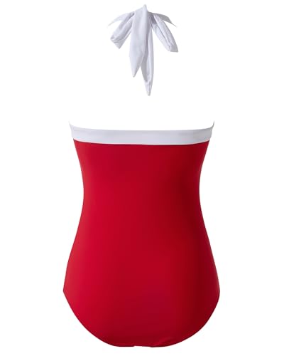 RXRXCOCO Women Retro One Piece Swimsuit Tummy Control Halter Vintage Bathing Suit Red and White Medium - Image 7